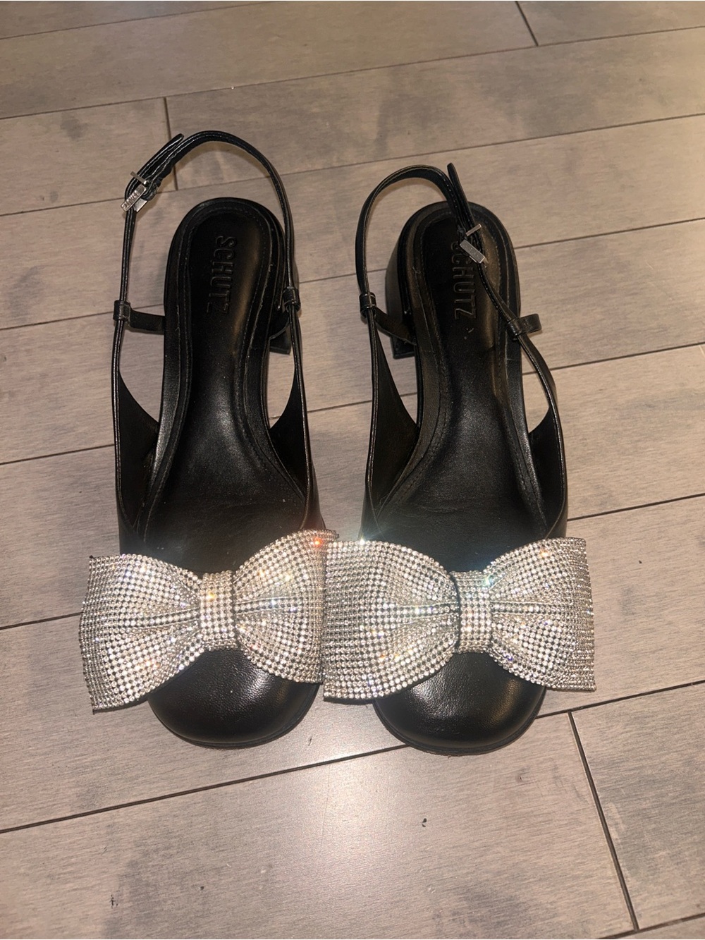 SCHUTZ Black Slingback Heeled with Crystal Bow Accent